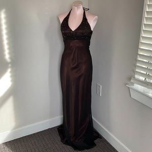 Y2K Vintage Blondie Nites Beaded Halter Gown Dress Lace-Up Back Size S-M Brown.